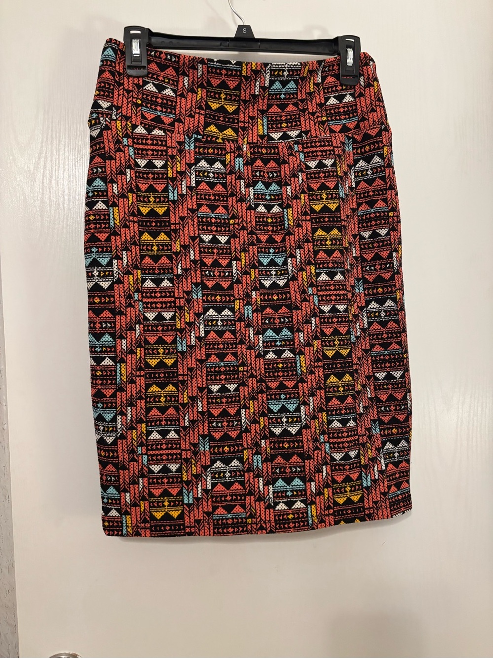 LuLaRoe Black Pencil Skirt with Orange, Yellow & Blue Tribal Motif